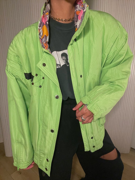 Vintage Retro Ski Jacket in Neon Green With Neon … - image 2