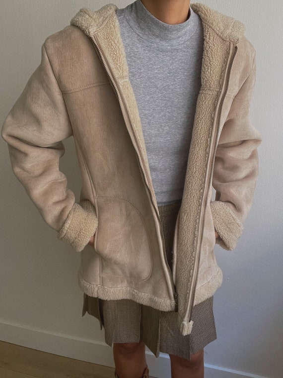 Vintage 90s Sand Neutral Suede Leather Shearling … - image 2
