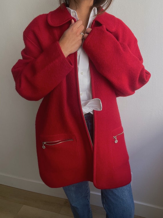 Vintage 90s Red Western Cardigan Zip Up Jacket | … - image 2
