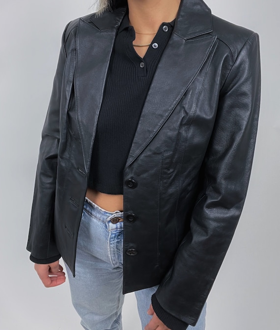 1990s Vintage Black 100% Leather Blazer Jacket | P