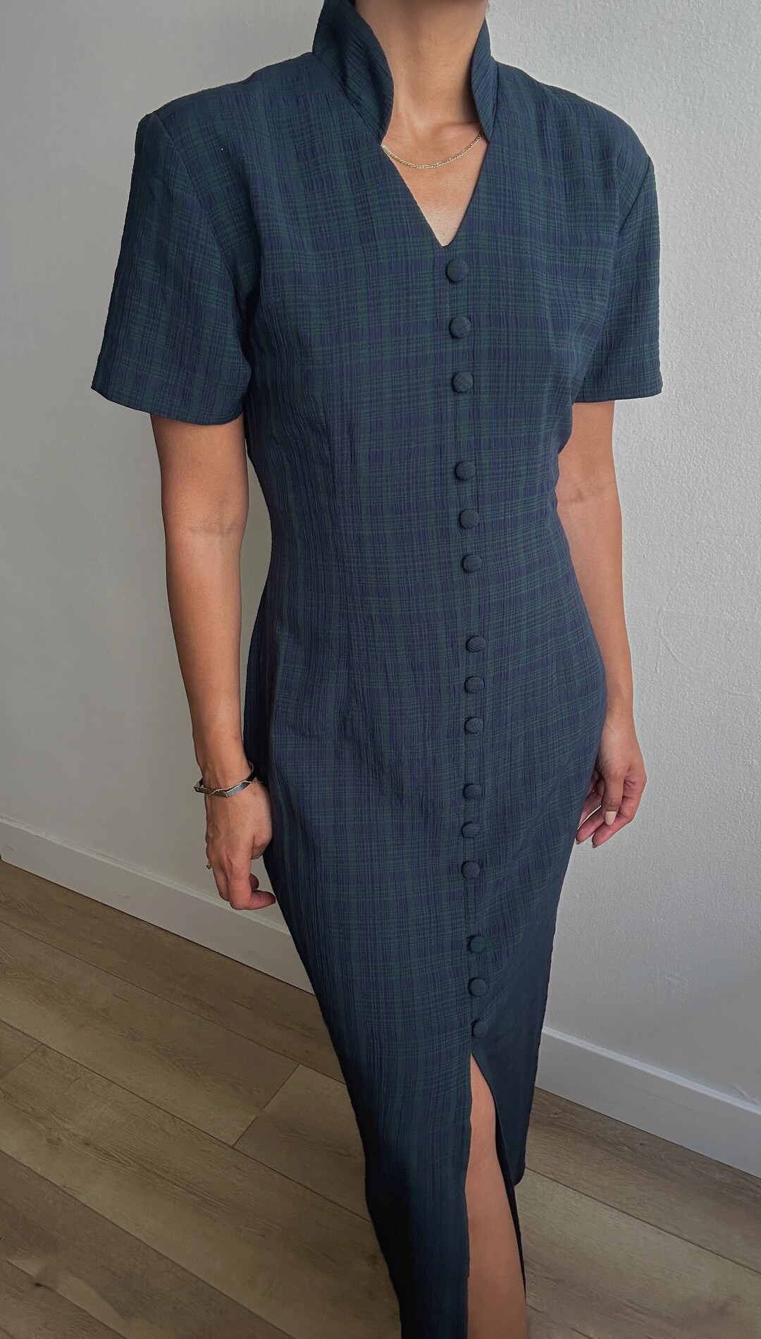 Vintage Maxi Dress in Dark Green Plaid Cotton Blend, Casual and Comfortable Style