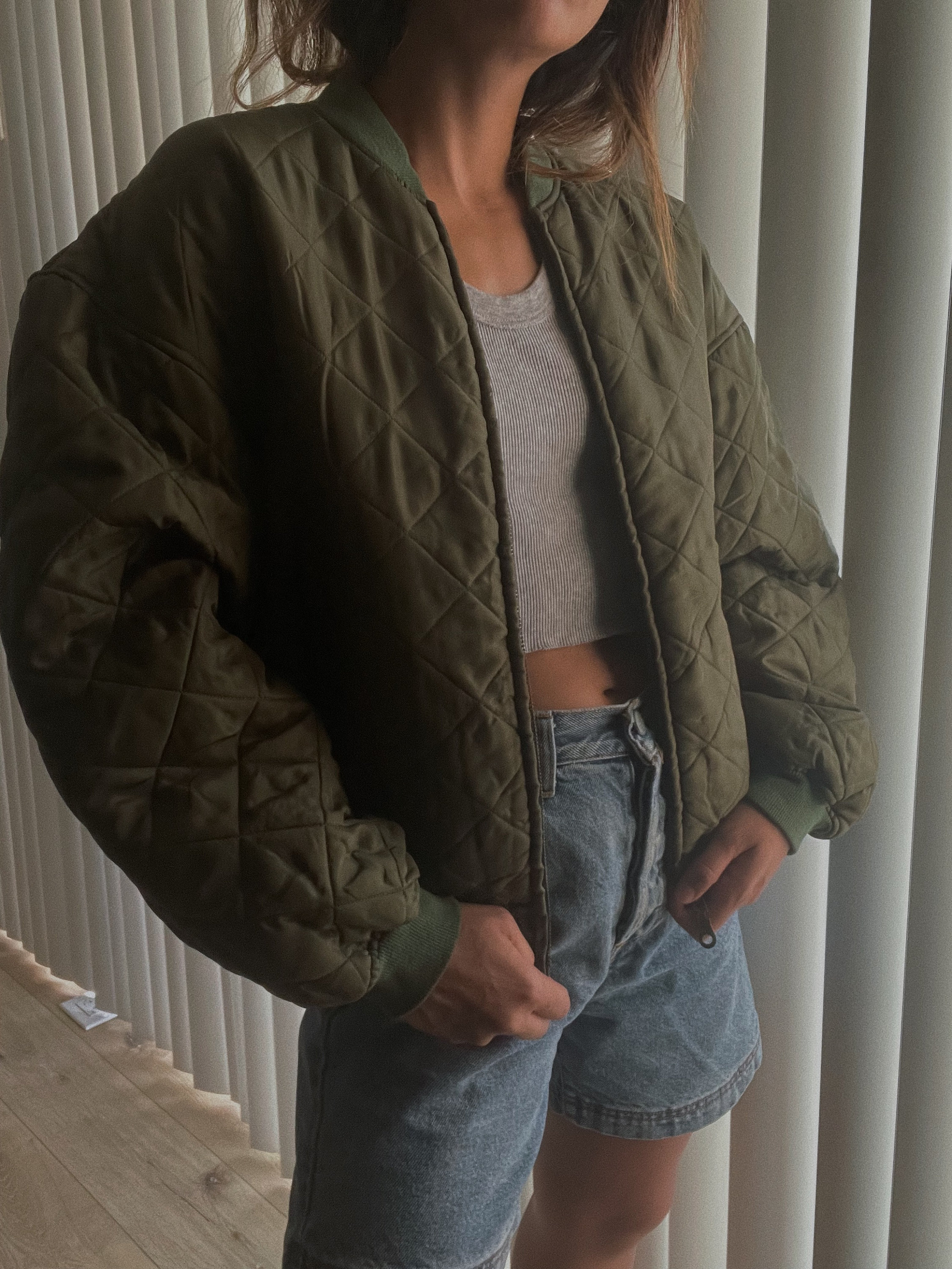 Olive green quilted clearance bomber jacket