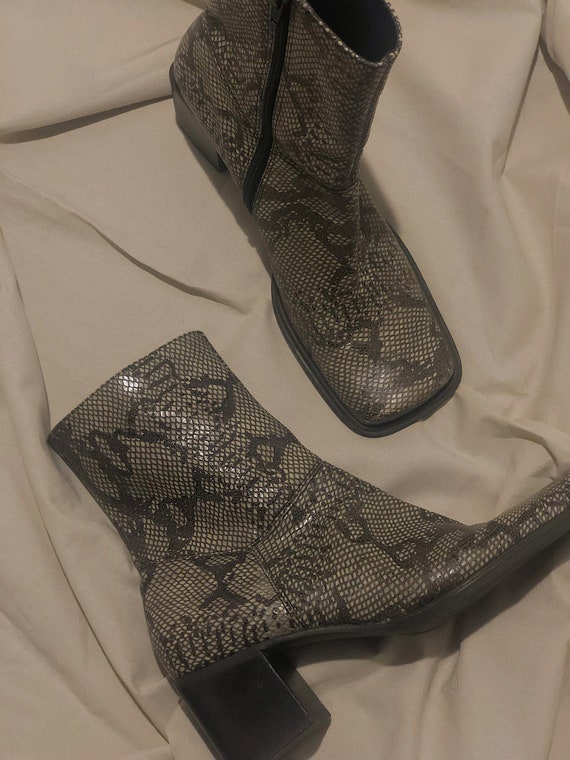 Vintage 1990s Square Toe Low Heel Snake Print Boot