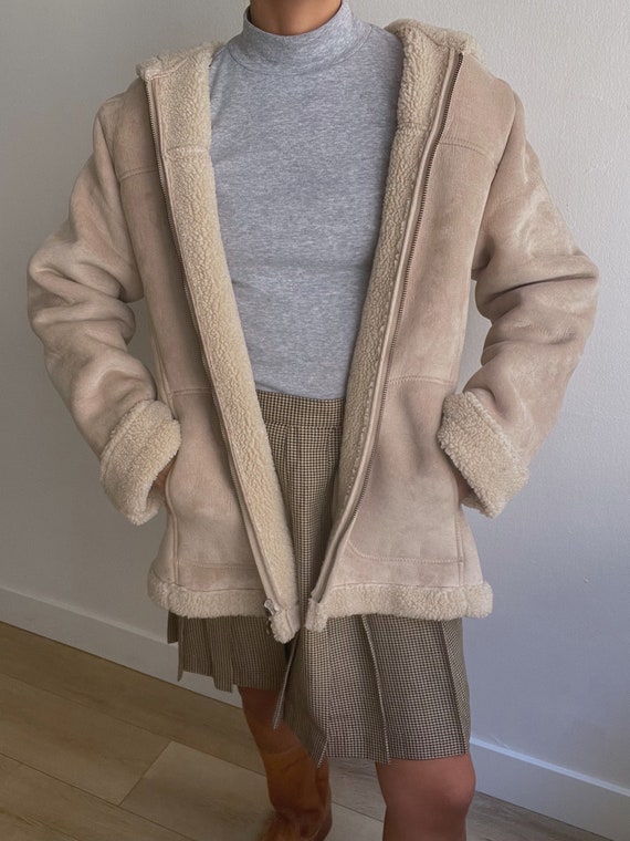 Vintage 90s Sand Neutral Suede Leather Shearling … - image 6