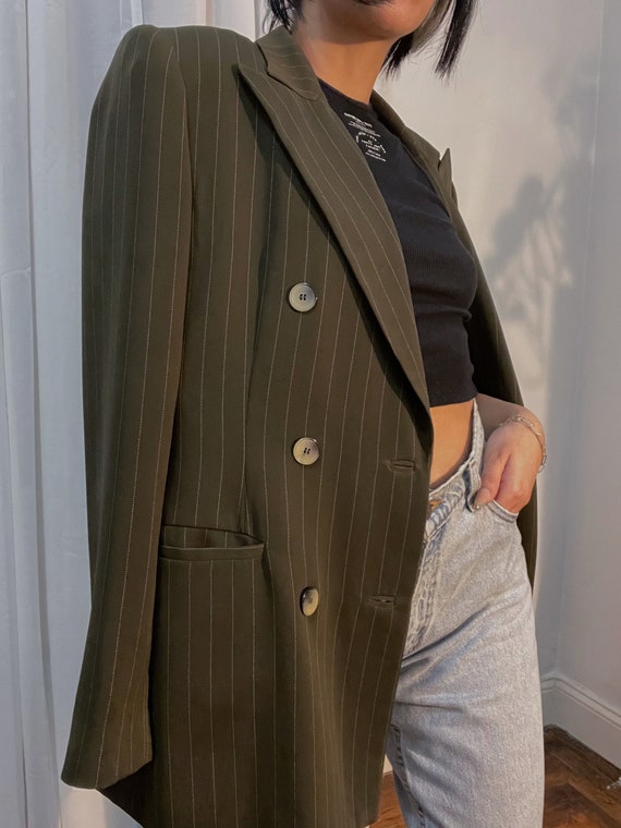 Vintage Pinstripe Blazer in Olive Green | Perfec