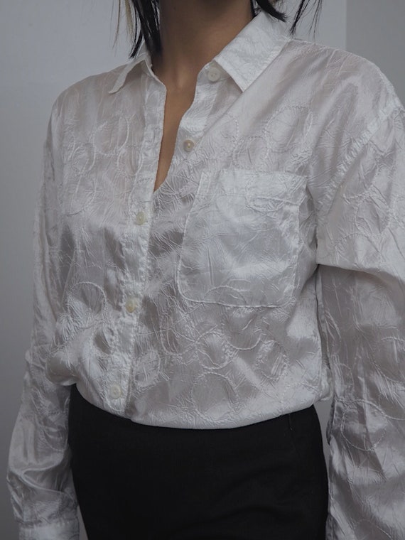 Vintage 90s Shear White Blouse With Embroidered Ci