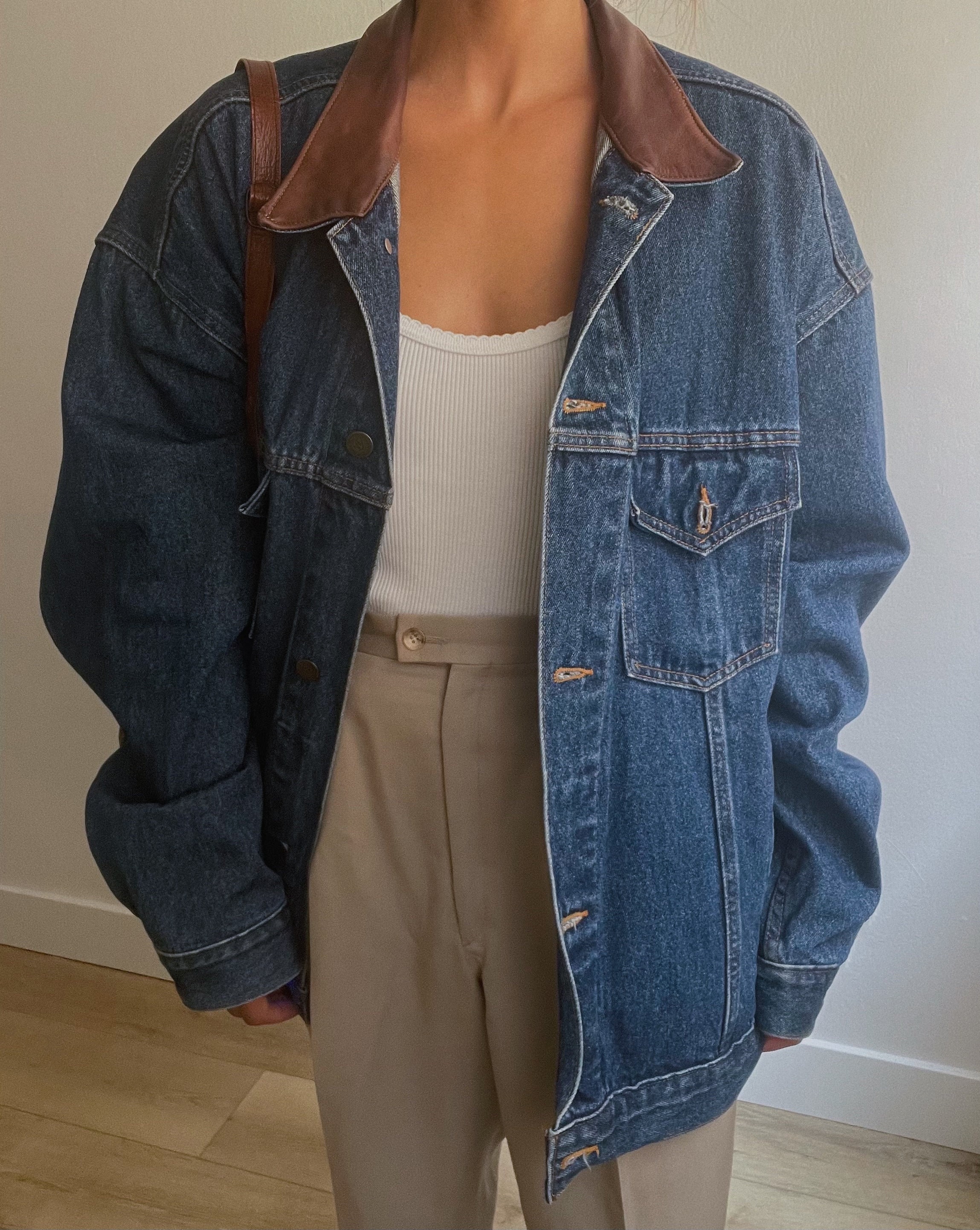 Denim jacket with tan collar sales
