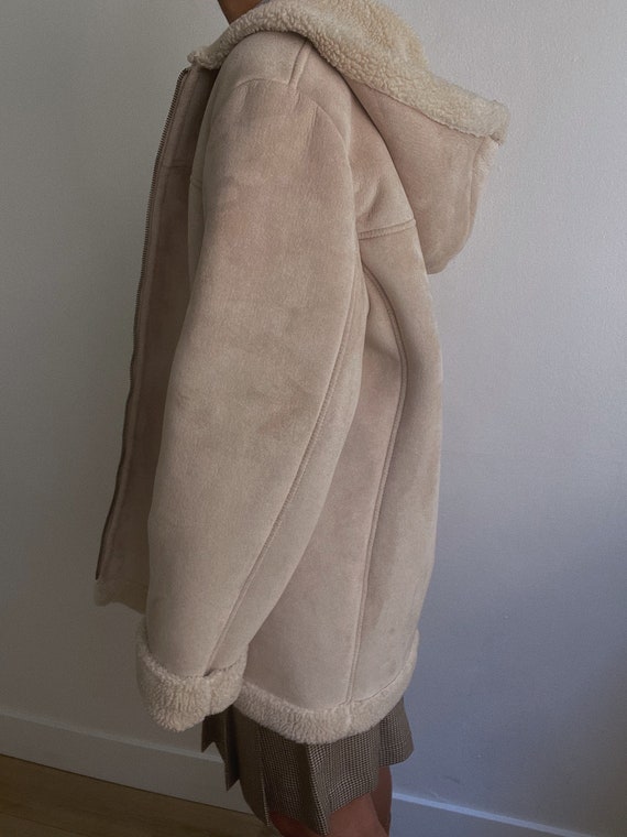 Vintage 90s Sand Neutral Suede Leather Shearling … - image 3