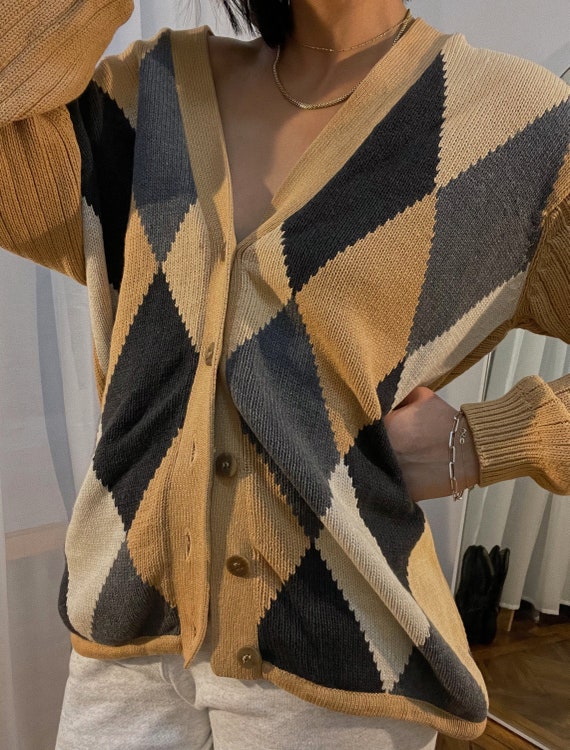 Vintage 90s Brown Neutral Harlequin Argyle Cardiga