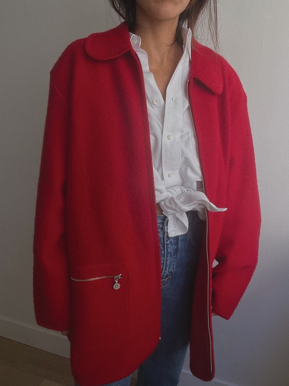 Vintage 90s Red Western Cardigan Zip Up Jacket | … - image 3