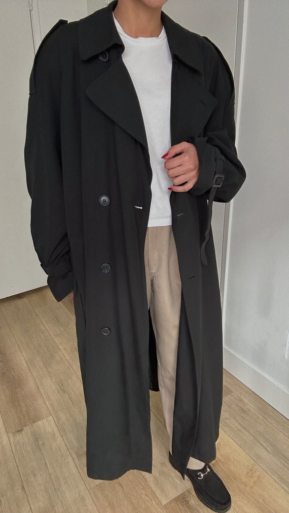 Vintage All Black Trench Coat with Waist and Slee… - image 1