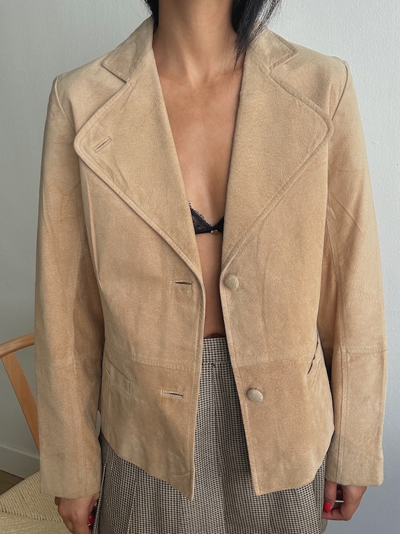 Vintage Neutral sand Suede Leather Blazer Jacket … - image 2