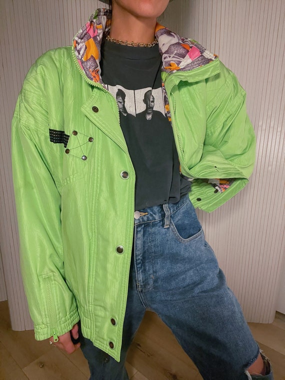 Vintage Retro Ski Jacket in Neon Green With Neon P