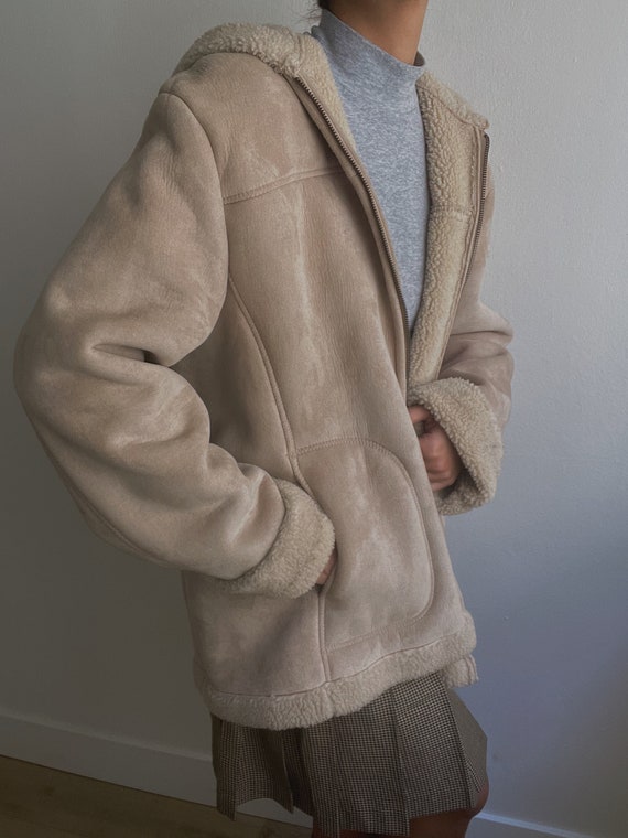 Vintage 90s Sand Neutral Suede Leather Shearling … - image 5