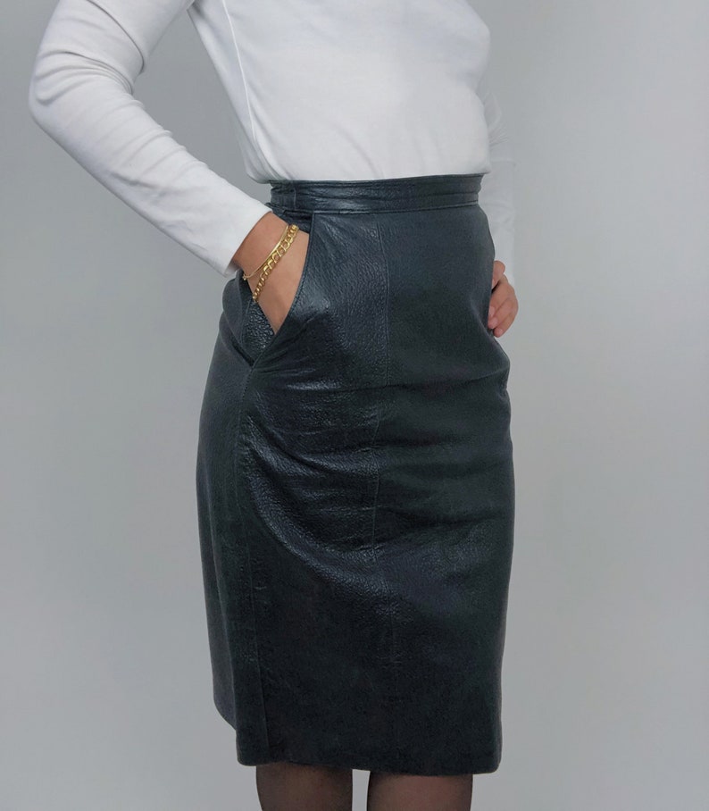 Vintage Black Mid Length Leather Skirt 100% Leather - Etsy
