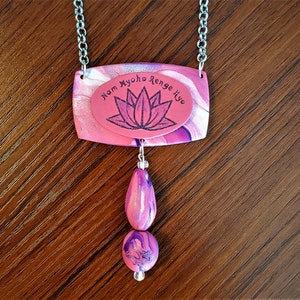 Polymer Clay Necklace, Pink Lotus, Jewelry, Nam-Myoho-Renge-Kyo, Nichiren, SGI, Buddhist