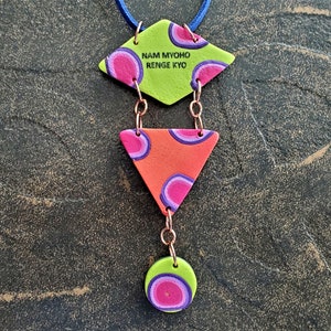 Retro, Polymer Clay Necklace, Pendant, Jewelry, Nam-Myoho-Renge-Kyo, Nichiren, SGI, Buddhist