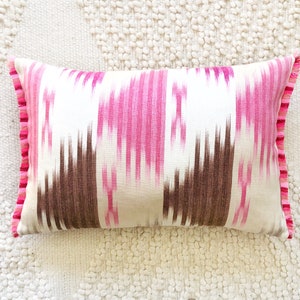 Pink Aztec Linen Lumbar with Pink Fringe 21&quot; x 14&quot;