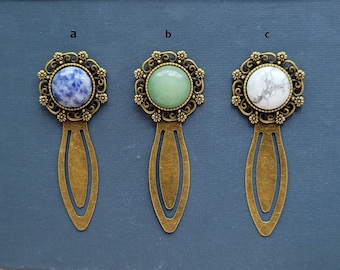 Gemstones bookmark, Antiqued bookmark, Metal clip bookmark, Gift bookmark, Gemstone cabochons bookmark, Stone boho bookmark gift