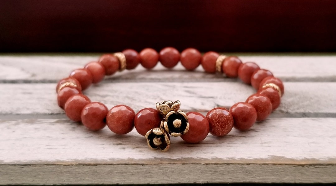 Gold Sandstone Bracelet, Antique Gold Flower Bracelet, Yoga Bracelet, Gemstone Bracelet Gift