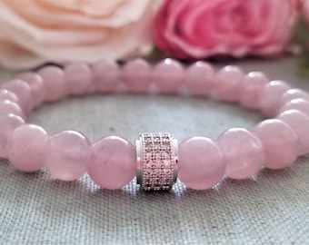 Lavender Rose Quartz Bracelet: Silver Plated Cubic Zirconia Rondelle