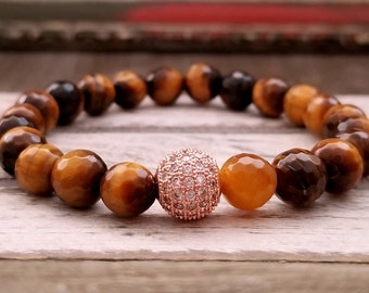 Tiger Eye Stone Bracelet: Gemstone Healing Crystal with Cubic Zirconia