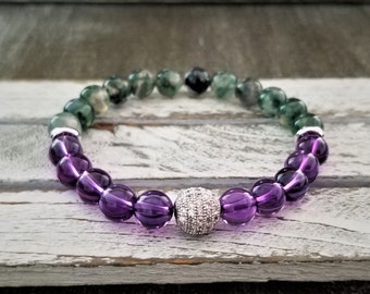 Amethyst Moss Agate Gemstone Bracelet: Silver Cubic Zirconia CZ Boho Bracelet
