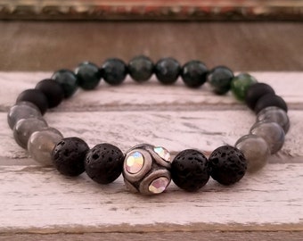 Labradorite & Agate Gemstone Bracelet: Lava Bead Diffuser, Yoga Jewelry