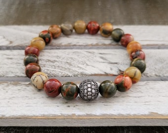 Red Creek Jasper Bracelet: Moss Agate, CZ Pave Ball, Gemstone Boho Jewelry
