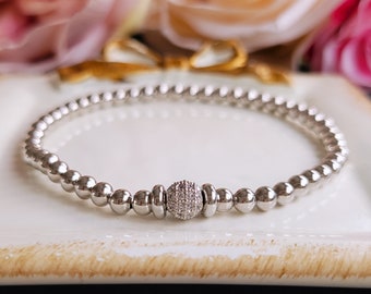 Silver Bead Bracelet with Cubic Zirconia Pave Ball