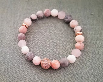 Pink Zebra Jasper Bracelet: Rose Quartz, Coral & Rose Gold Zirconia
