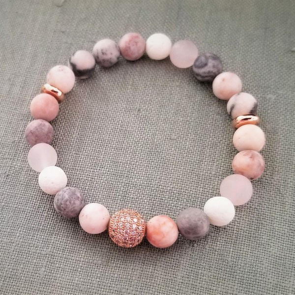 Pink Zebra Jasper Rose Quartz Bracelet Rose Gold Bracelet White Coral Bracelet Gemstone Bracelet Cubic Zirconia Bracelet Boho Pink Gemstone