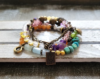 Mixed Gemstone Bracelet Set: Antique Brass Layering Bracelets