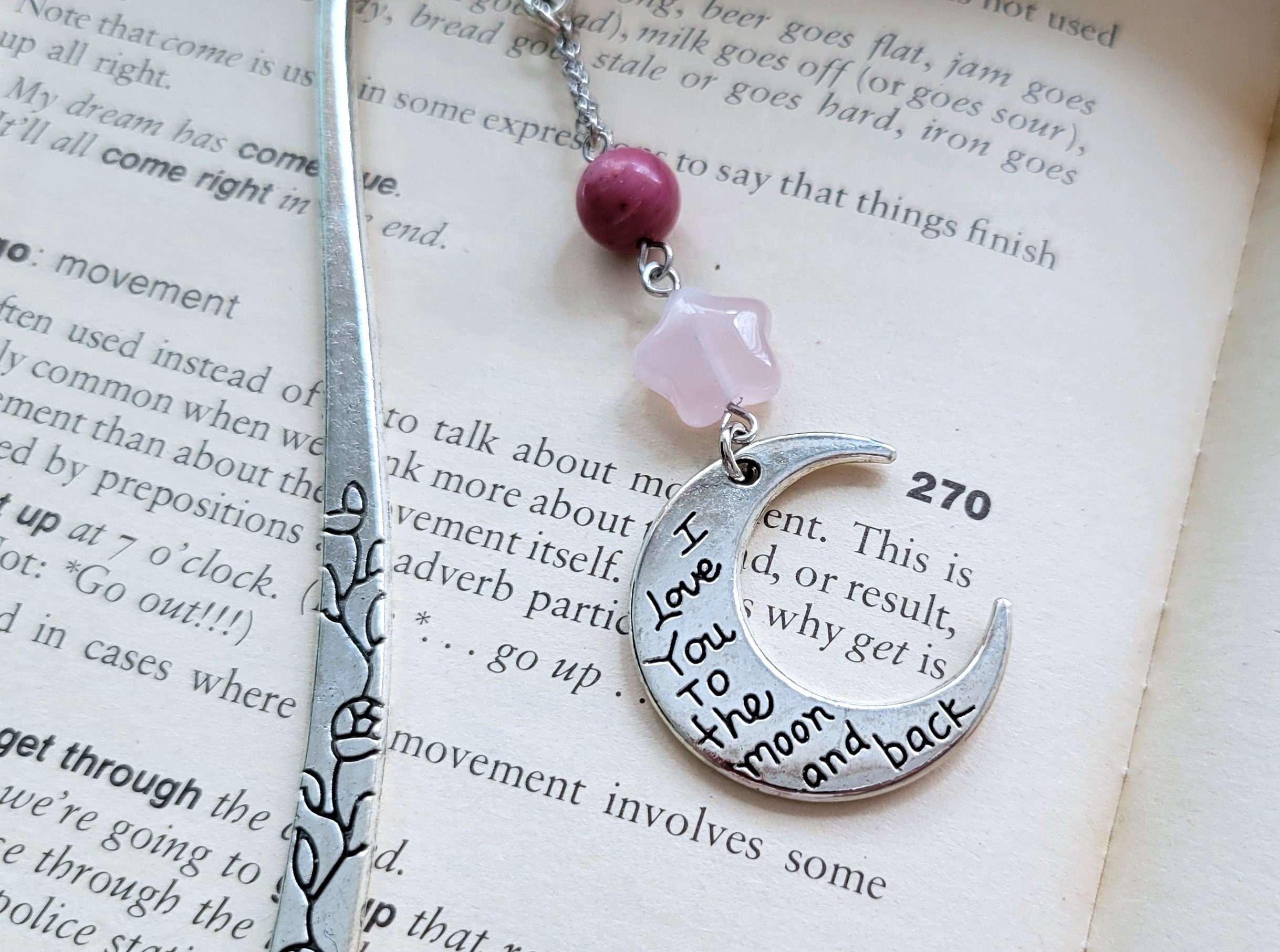 Gemstones bookmark, I Love you to the moon and back gift bookmark, Boho rose quartz Silver metal and rhodonite bookmark, Pink gemstone gift