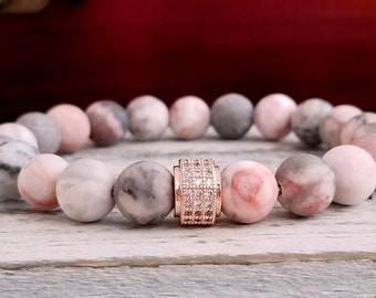 Pink Zebra Jasper Bracelet: Rose Gold Cubic Zirconia Boho Jewelry