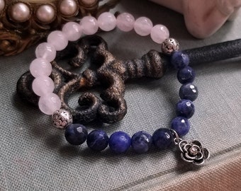 Sodalite Bracelet Rose Quartz Bracelet Silver Blue and Pink Gemstone Bracelet Gift Healing Crystal Bracelet Gift for Friend Boho Bracelet