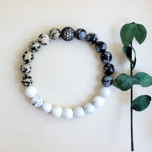 Dalmatian Jasper Bracelet: Snowflake Howlite, CZ Pave Ball, Boho Stacking Bracelet