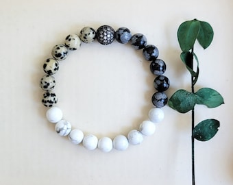Dalmatian Jasper Bracelet: Snowflake Howlite, CZ Pave Ball, Boho Stacking Bracelet