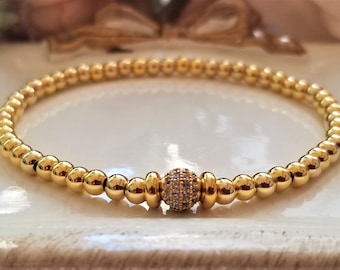 Gold Bead Bracelet: Cubic Zirconia Pave Ball, Minimalist Jewelry