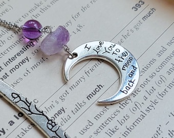 Gemstones bookmark, I Love you to the moon and back gift bookmark, Boho amethyst bookmark, Silver metal and raw amethyst bookmark