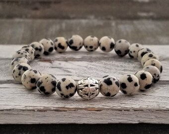 Dalmatian Jasper Bracelet Gemstone Bracelet Gift Tibetan Silver Bracelet Healing Crystal Yoga Jewelry Gift for Friend Boho Bracelet