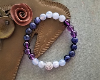 Blue Agate Amethyst Bracelet: Sodalite & CZ Gemstone Boho Jewelry