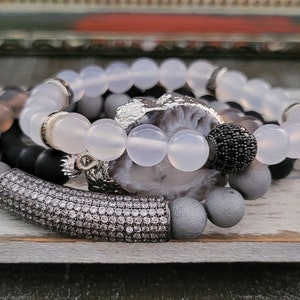 Cubic Zirconia Bracelet Set Black and White Agate Bracelet Set of Gemstone and CZ Bracelets Agate Slice Bracelet Boho Bracelet Gift Bracelet