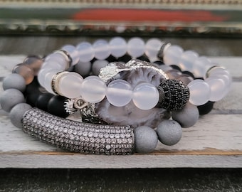 Agate Bracelet Set: Black, White, Gray Gemstone & Cubic Zirconia
