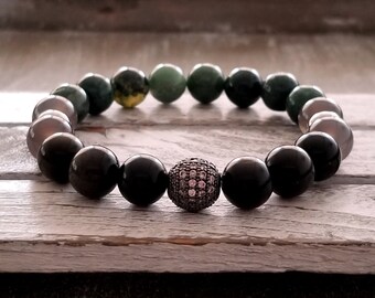 Obsidian & Moss Agate Bracelet: Mixed Gemstone Boho Jewelry