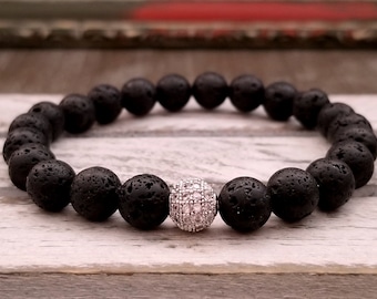 Lava Stone Diffuser Bracelet: Silver Cubic Zirconia, Aromatherapy Yoga