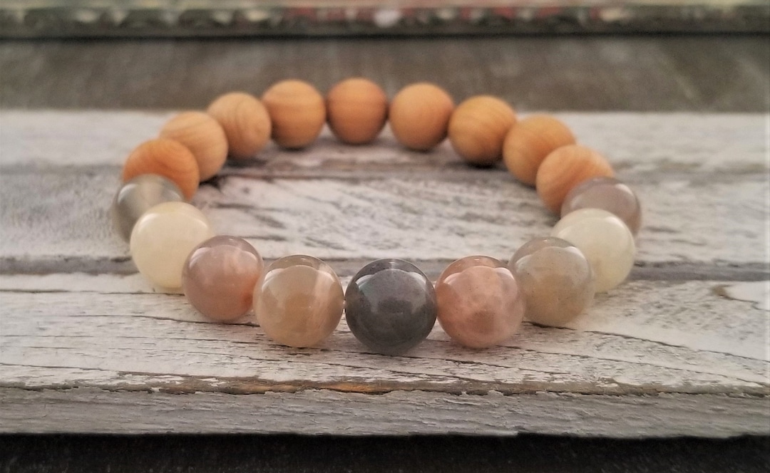 Moonstone Bracelet Diffuser Bracelet Chunky Moonstone Bracelet Cedar Wood Bead Bracelet Yoga