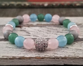 Rose Quartz Aventurine Aquamarine Bracelet: Mixed Gemstone CZ Boho Bracelet