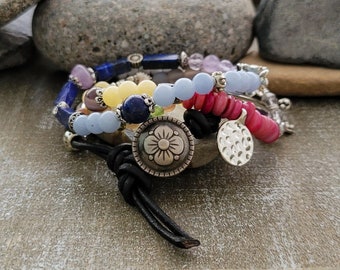 Mixed Gemstone Bracelet Set: Boho Leather Stacking Bracelets
