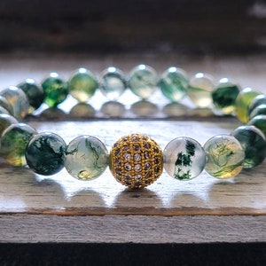 Moss Agate Bracelet Gemstone Boho Bracelet Healing Crystal Yoga bracelet Green Gemstone Bracelet CZ Bracelet Stacking Bracelet Gift